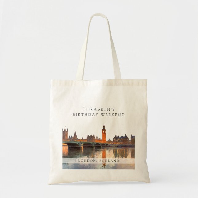 London Skyline Watercolor Birthday Weekend Tote Bag (Front)
