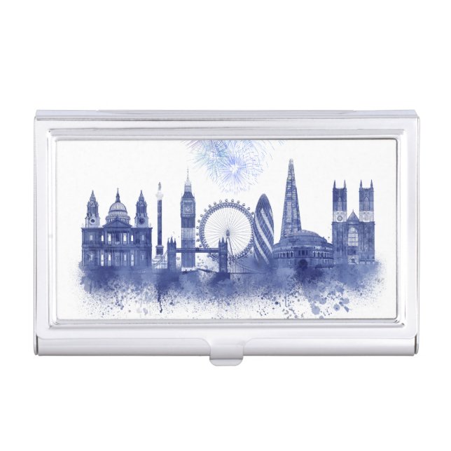 London Skyline - Watercolor Blue Business Card Case (Front)
