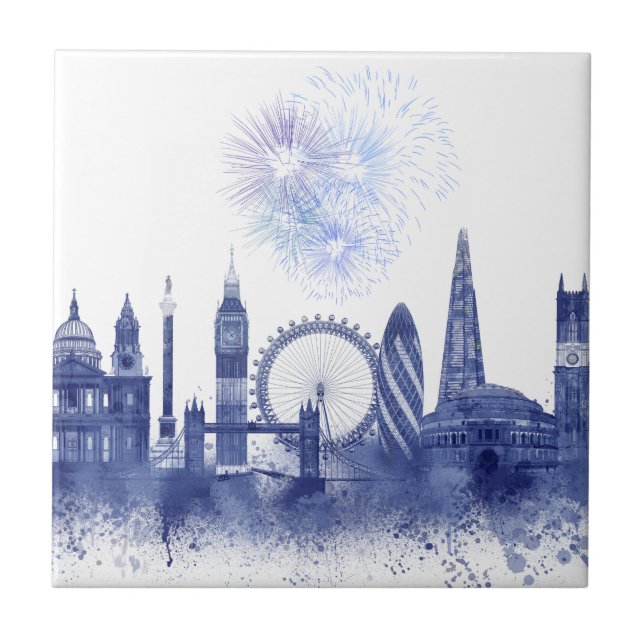 London Skyline - Watercolor Blue Ceramic Tile (Front)