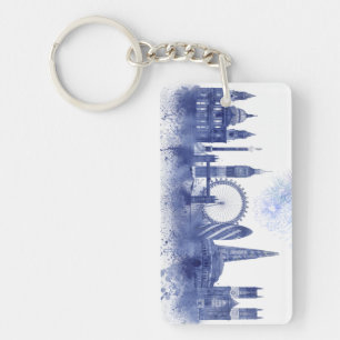 London Skyline - Watercolor Blue Keychain