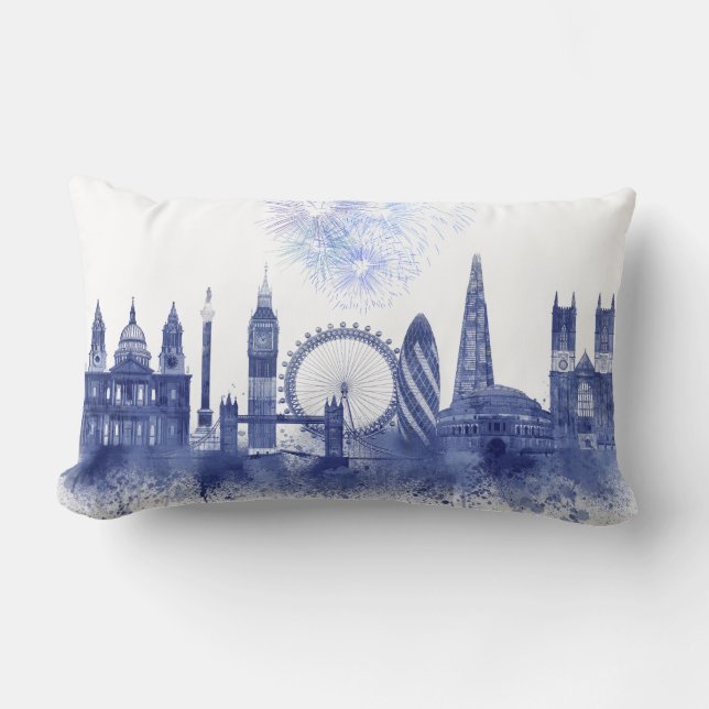 London Skyline - Watercolor Blue Lumbar Pillow (Front)