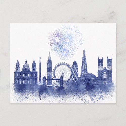 London Skyline _ Watercolor Blue Postcard