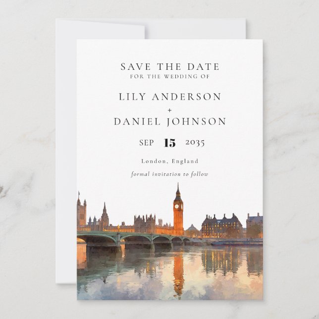 London Skyline Watercolor Elegant Wedding Save The Date (Front)