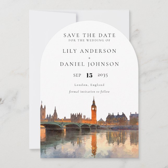 London Skyline Watercolor Photo Wedding Arch Save The Date (Front)
