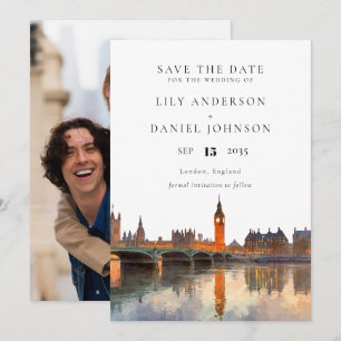 London Skyline Watercolor Photo Wedding Save The Date