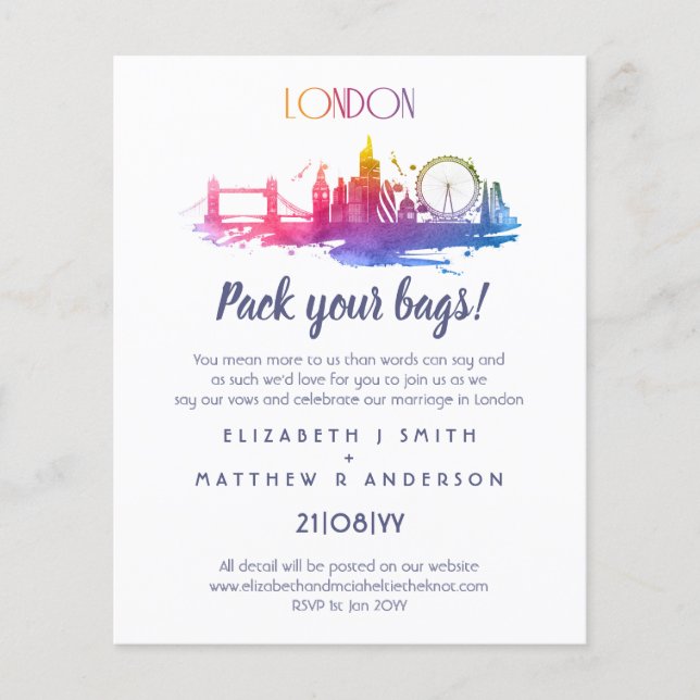 LONDON Skyline Wedding Handdrawn Budget Invites (Front)