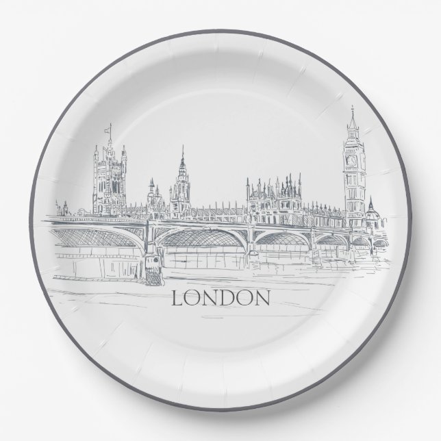 London Skyline With Big Ben Blue Ink Sketch Paper Plates (Front)