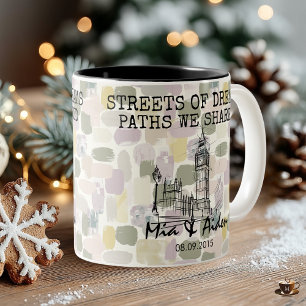 London skyline with pastel brushstroke background Two-Tone coffee mug