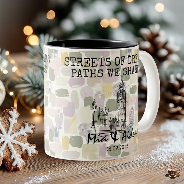 London skyline with pastel brushstroke background Two-Tone coffee mug (Creator Uploaded)
