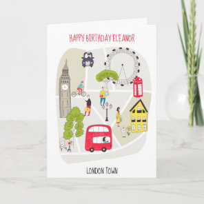 London Stylized Map Cartoon Happy Birthday Name Card