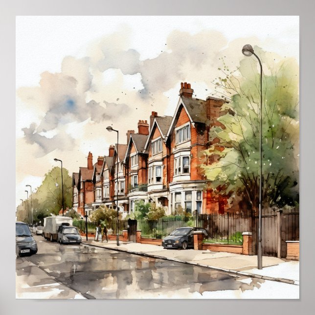 London Suburbs Watercolor Painting Square  Poster (Front)