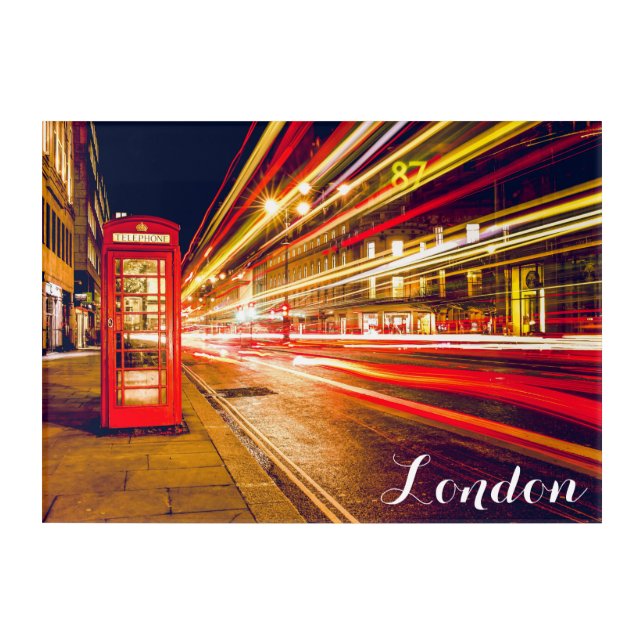 London Telephone Booth Bus City Street at Night Acrylic Print (Front)
