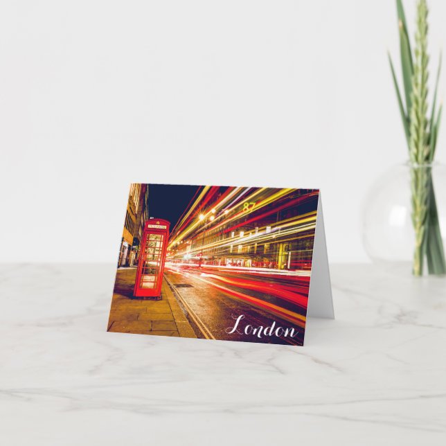 London Telephone Booth Bus City Street at Night Note Card (Front)