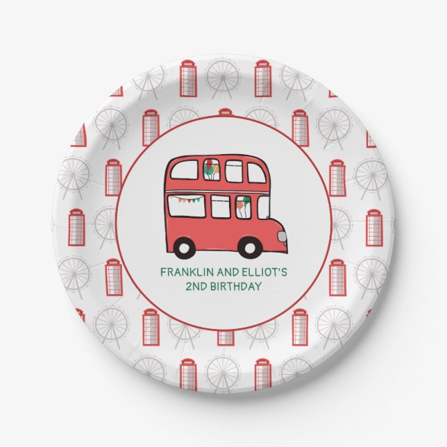 London Theme Kids Joint Birthday Party Paper Plates (Front)