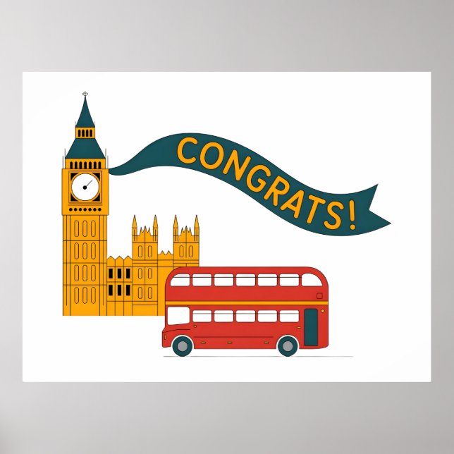 London-Themed "Congrats!" Greeting with Big Ben Poster (Front)