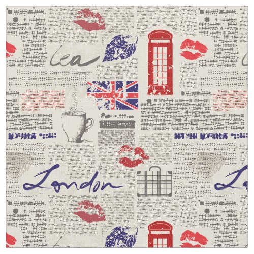 London Themed Seamless Pattern with Phone Booths Fabric