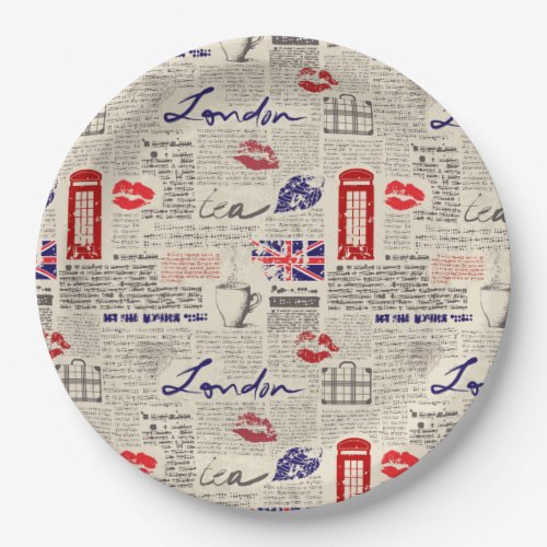 London Themed Seamless Pattern with Phone Booths Paper Plates