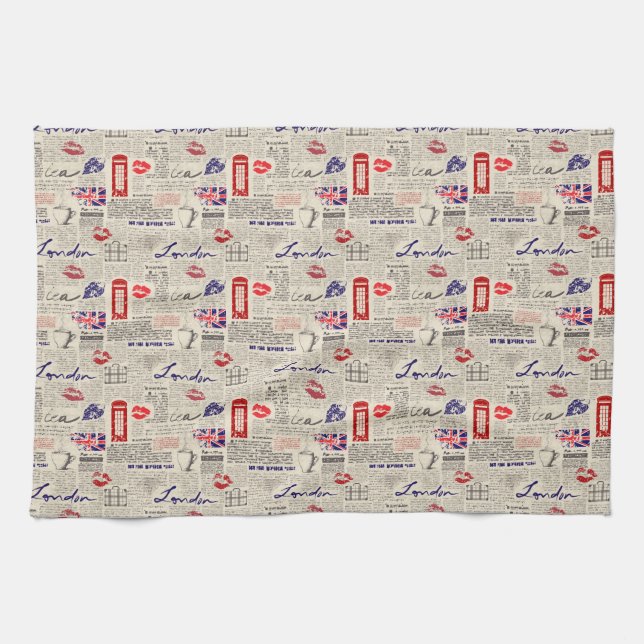 London Themed Seamless Pattern with Phone Booths Towel (Horizontal)