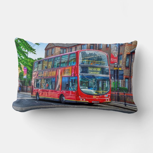 London to Lewisham Red Double-decker Bus UK Lumbar Pillow (Front)