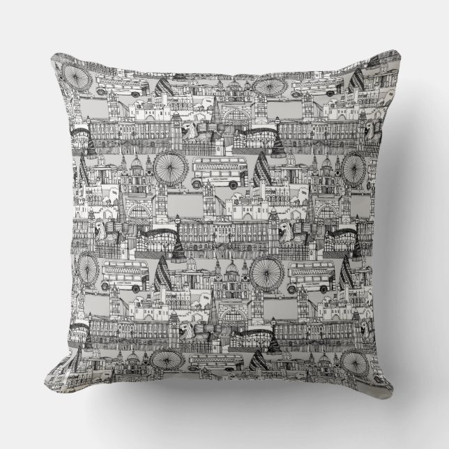 London toile black white throw pillow (Front)