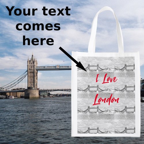 London Tower Bridge Black and White Art Red Text Grocery Bag