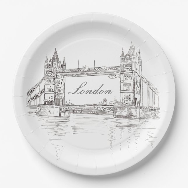 London Tower Bridge Black and White Ink Drawing Paper Plates (Front)