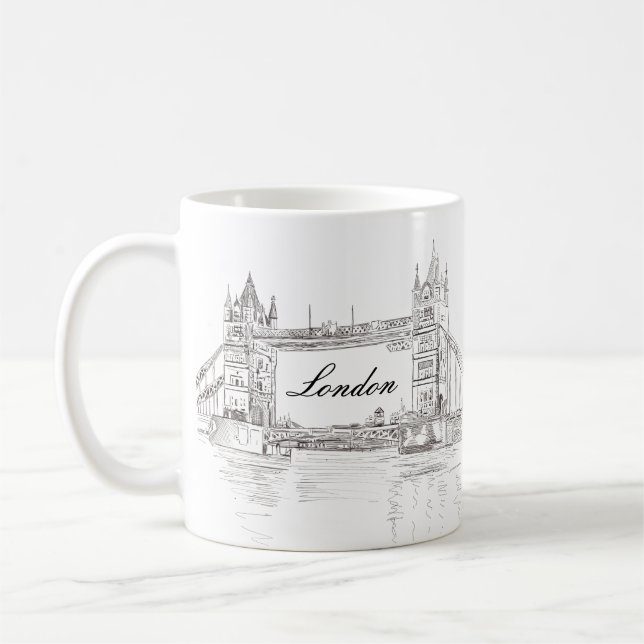London Tower Bridge Black Ink Classic Drawing Coffee Mug (Left)