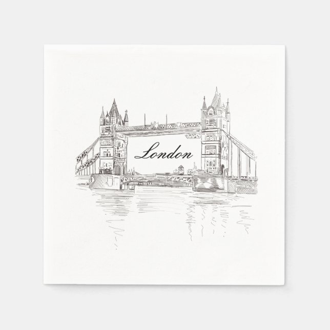 London Tower Bridge Black Ink Classic Drawing Napkins (Front)