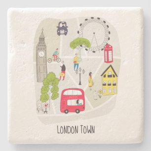 London Town Stylized Map Cartoon Landmarks People Stone Coaster