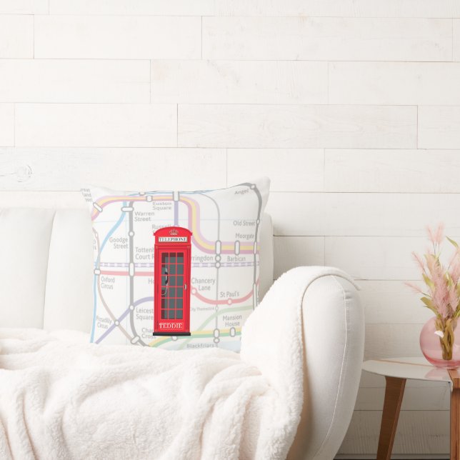 London Tube Map Custom Name Red Phone Booth Throw Pillow (Couch)