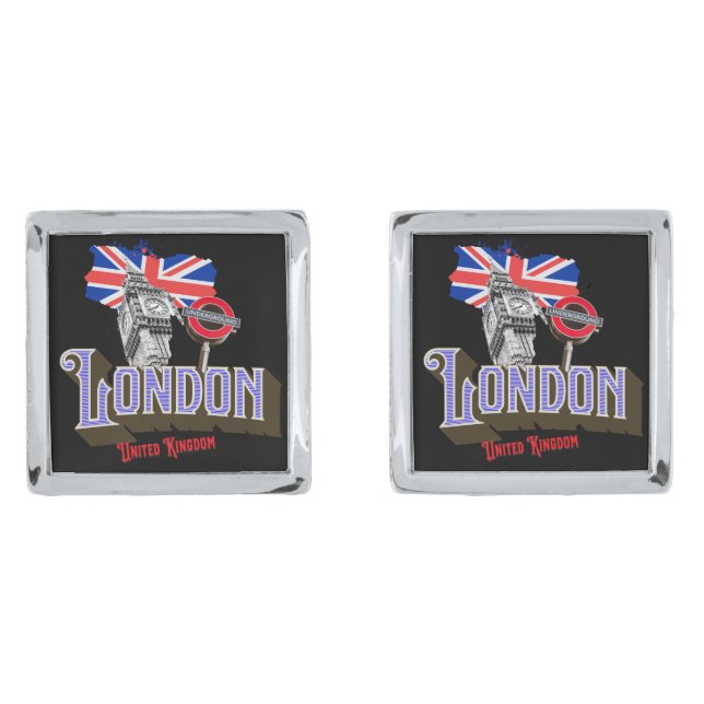 London UK, Big Ben, Underground, Union Jack Cufflinks (Front)