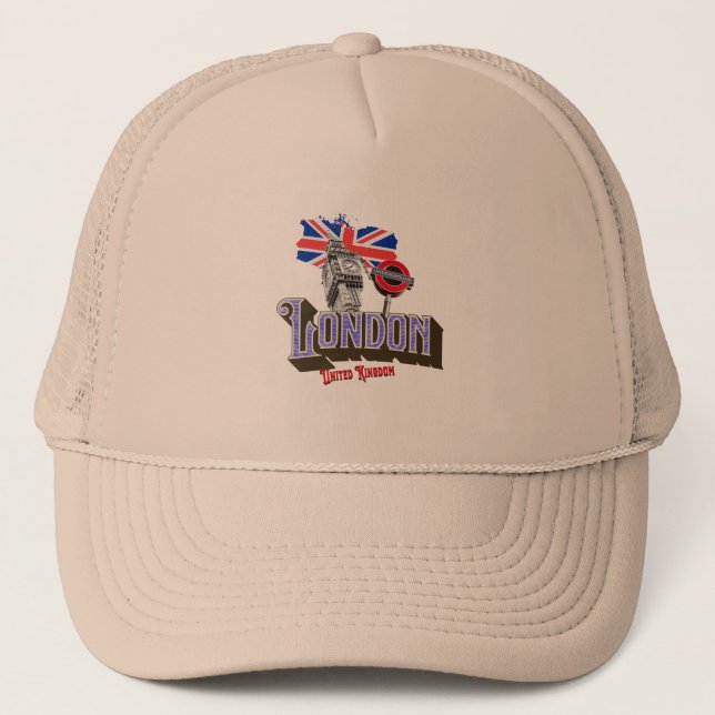 London UK, Big Ben, Underground, Union Jack Trucker Hat (Front)