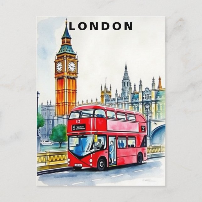 London UK Bus Travel Watercolor  Postcard (Front)
