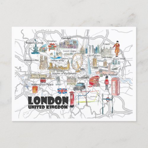 London UK illustrated travel Postcard
