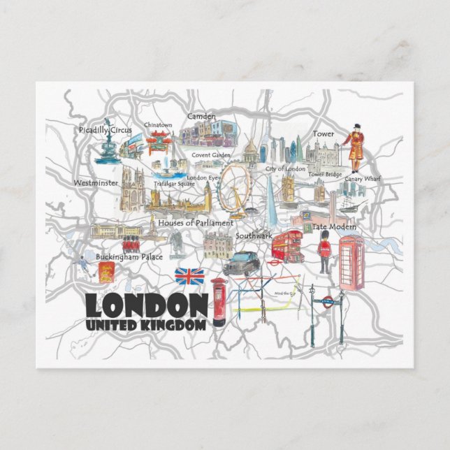 London UK illustrated travel Postcard (Front)