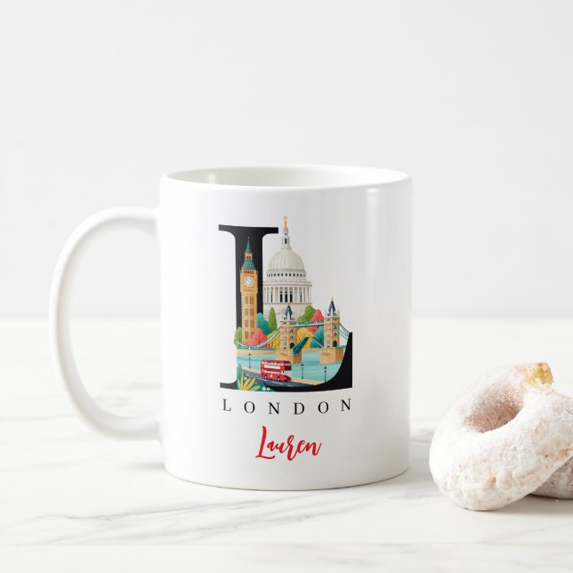London UK Monogram Letter L Personalized Gift Coffee Mug (With Donut)