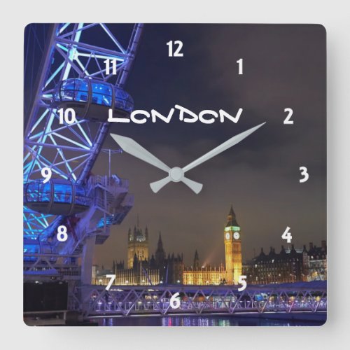 London UK  Night Cityscape London Eye View Square Wall Clock