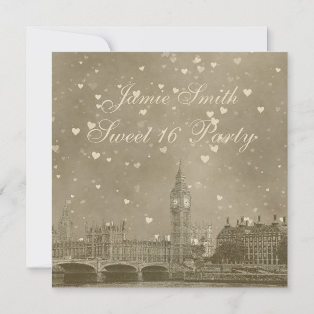 London UK Skyline Dist Gray White Heart Sweet 16 Invitation (Front)