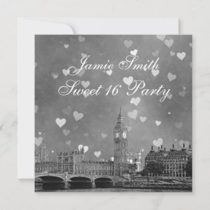 London UK Skyline Gray White Heart Sweet 16 Invitation