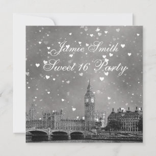 London UK Skyline Gray White Heart Sweet 16 Invitation