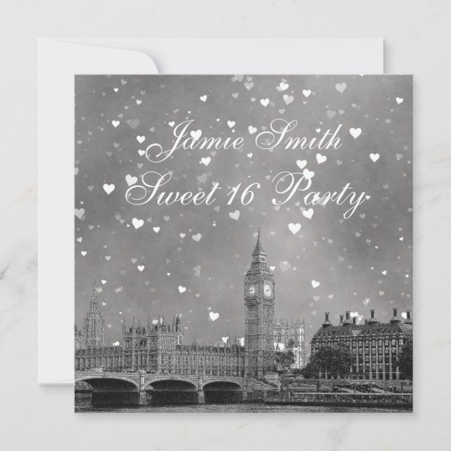 London UK Skyline Gray White Heart Sweet 16 Invitation (Front)