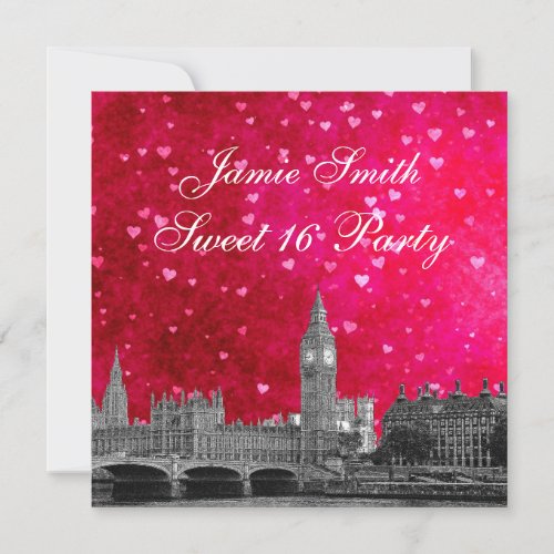 London UK Skyline Hot Pink Red Heart Sweet 16 Personalized Announcement