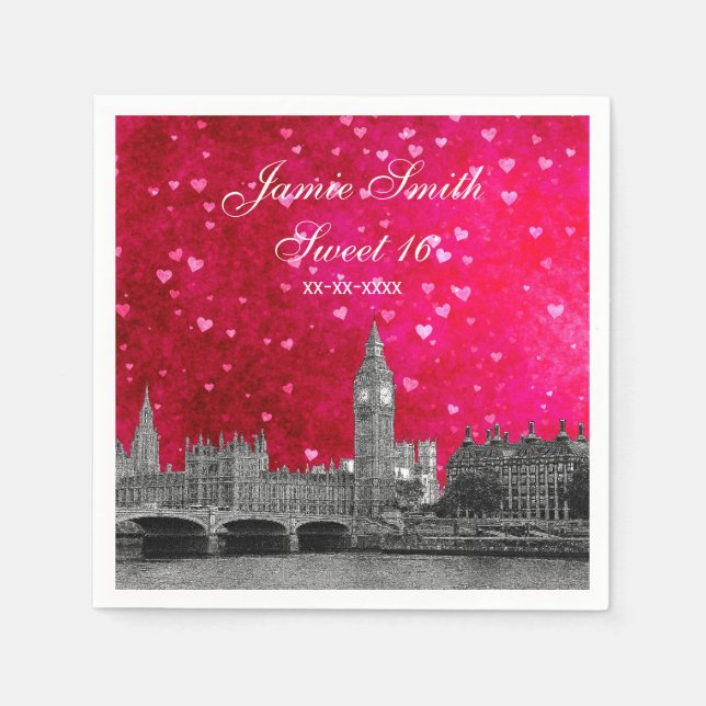London UK Skyline Hot Pink Red Heart Sweet 16 Napkins (Front)