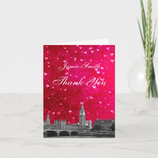London UK Skyline Hot Pink Red Heart Thank You (Front)
