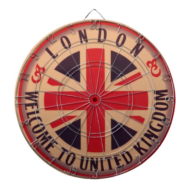 London - Union Jack - Welcome to United Kingdom Dartboard With Darts (Front)