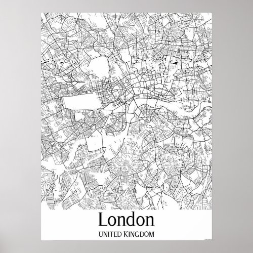 London United Kingdom Black  White City Map Poster