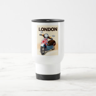 London vintage scooter union jack travel poster. travel mug
