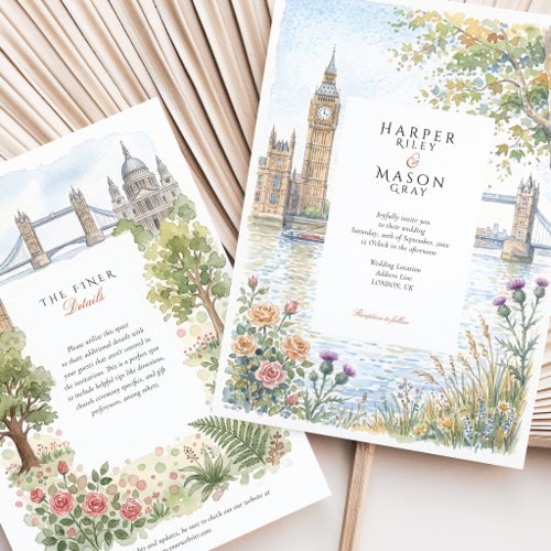 London Watercolor Big Ben Tower Bridge Wedding Invitation