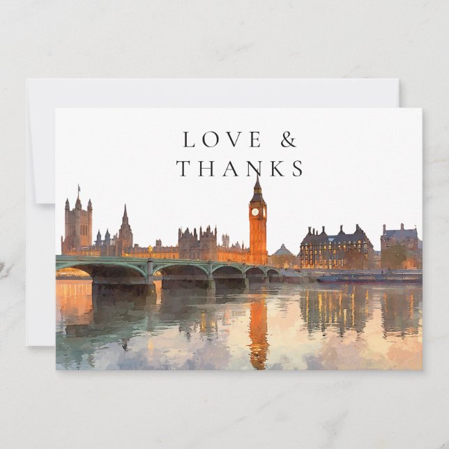 London Watercolor Wedding Photo Thank You Card (Front)
