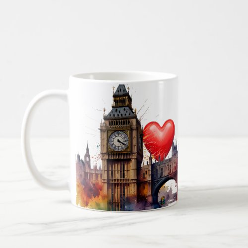 London Watercolour scene Red Hearts background Coffee Mug